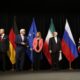 Iran nuclear deal: agreement in Vienna. From left to right: Foreign ministers/secretaries of state Wang Yi (China), Laurent Fabius (France), Frank-Walter Steinmeier (Germany), Federica Mogherini (EU), Mohammad Javad Zarif (Iran), Philip Hammond (UK), John Kerry (USA).